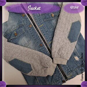 Gray Sleeved Medium Wash Denim Hooded Jacket